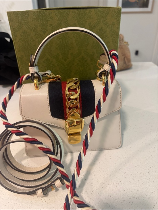 Gucci Handbags - Gucci Ivory Mini Top Handle Bag with Red & Navy Web Stripe